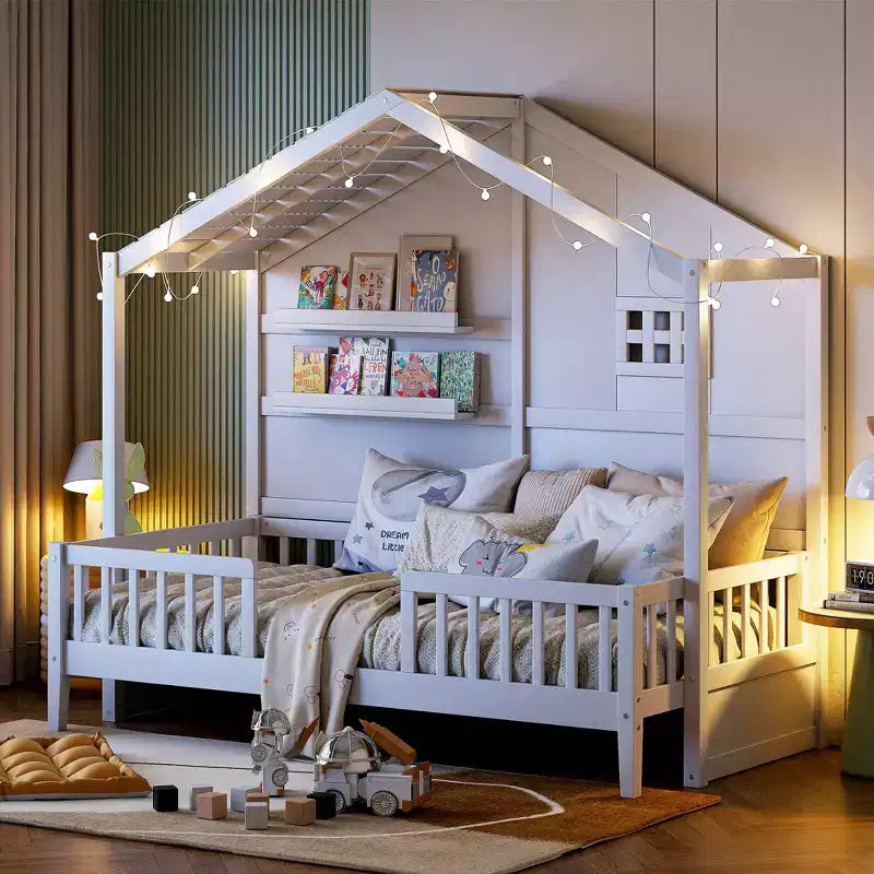 Twin Size House Bed with Storage Shelves, Rails, Window & Sparkling Light Strip, Wood Montessori Kids Bed
