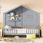 Twin Size House Bed with Storage Shelves, Rails, Window & Sparkling Light Strip, Wood Montessori Kids Bed