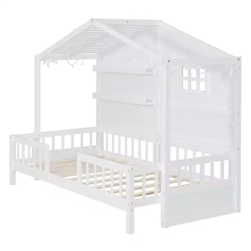Twin Size House Bed with Storage Shelves, Rails, Window & Sparkling Light Strip, Wood Montessori Kids Bed