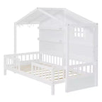 Twin Size House Bed with Storage Shelves, Rails, Window & Sparkling Light Strip, Wood Montessori Kids Bed