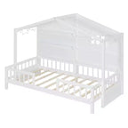 Twin Size House Bed with Storage Shelves, Rails, Window & Sparkling Light Strip, Wood Montessori Kids Bed