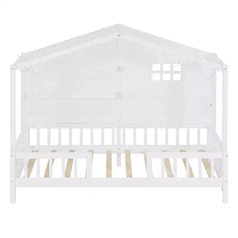 Twin Size House Bed with Storage Shelves, Rails, Window & Sparkling Light Strip, Wood Montessori Kids Bed