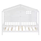 Twin Size House Bed with Storage Shelves, Rails, Window & Sparkling Light Strip, Wood Montessori Kids Bed