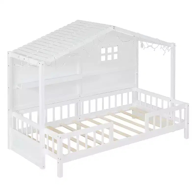 Twin Size House Bed with Storage Shelves, Rails, Window & Sparkling Light Strip, Wood Montessori Kids Bed
