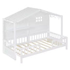 Twin Size House Bed with Storage Shelves, Rails, Window & Sparkling Light Strip, Wood Montessori Kids Bed