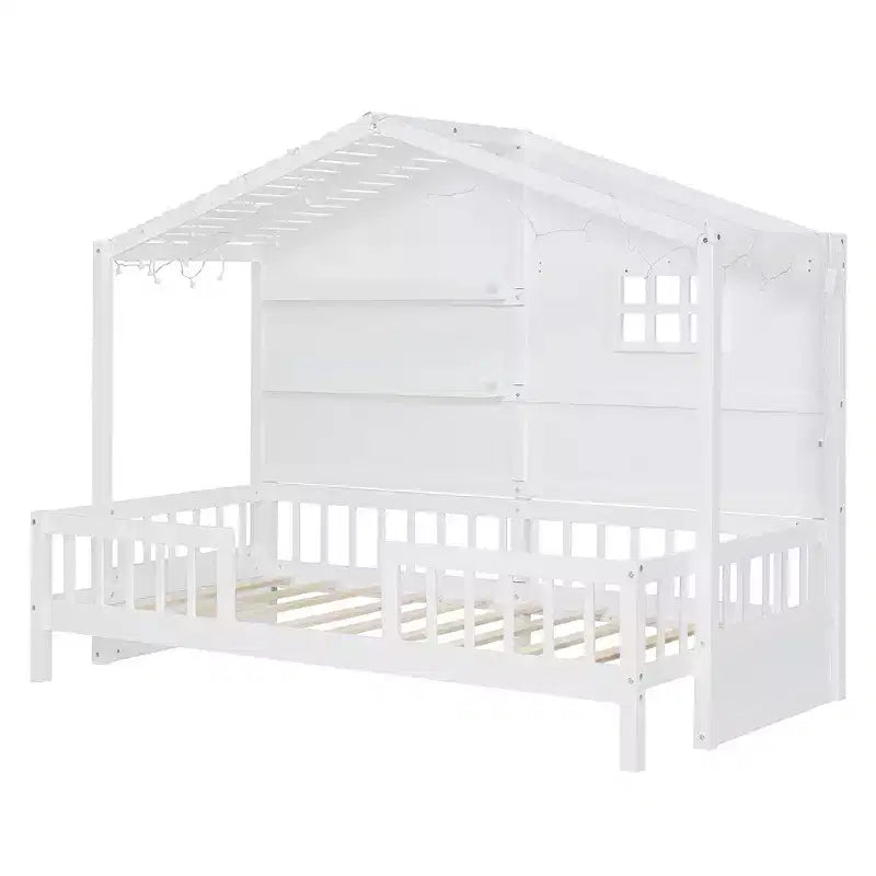 Twin Size House Bed with Storage Shelves, Rails, Window & Sparkling Light Strip, Wood Montessori Kids Bed