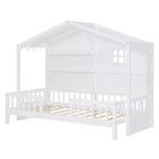 Twin Size House Bed with Storage Shelves, Rails, Window & Sparkling Light Strip, Wood Montessori Kids Bed