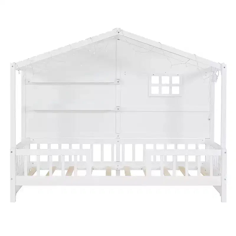 Twin Size House Bed with Storage Shelves, Rails, Window & Sparkling Light Strip, Wood Montessori Kids Bed