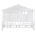 Twin Size House Bed with Storage Shelves, Rails, Window & Sparkling Light Strip, Wood Montessori Kids Bed