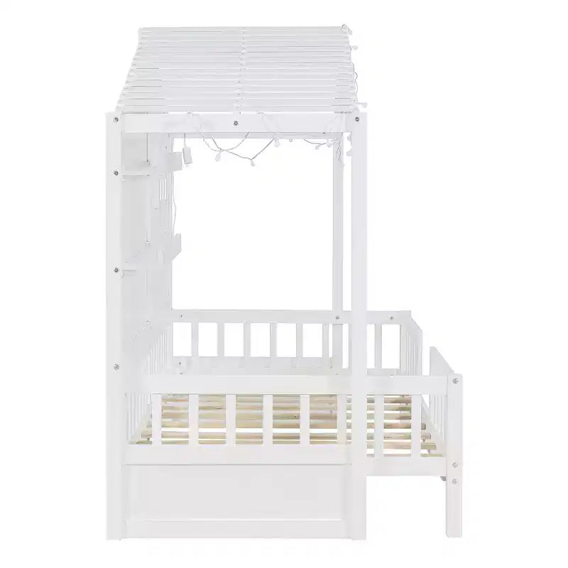 Twin Size House Bed with Storage Shelves, Rails, Window & Sparkling Light Strip, Wood Montessori Kids Bed