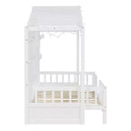 Twin Size House Bed with Storage Shelves, Rails, Window & Sparkling Light Strip, Wood Montessori Kids Bed