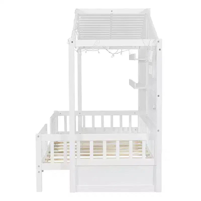 Twin Size House Bed with Storage Shelves, Rails, Window & Sparkling Light Strip, Wood Montessori Kids Bed