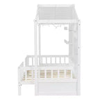 Twin Size House Bed with Storage Shelves, Rails, Window & Sparkling Light Strip, Wood Montessori Kids Bed