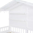 Twin Size House Bed with Storage Shelves, Rails, Window & Sparkling Light Strip, Wood Montessori Kids Bed