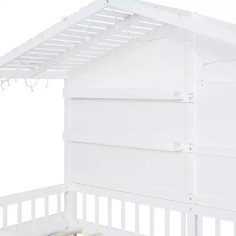Twin Size House Bed with Storage Shelves, Rails, Window & Sparkling Light Strip, Wood Montessori Kids Bed
