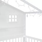 Twin Size House Bed with Storage Shelves, Rails, Window & Sparkling Light Strip, Wood Montessori Kids Bed