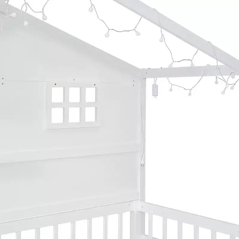 Twin Size House Bed with Storage Shelves, Rails, Window & Sparkling Light Strip, Wood Montessori Kids Bed