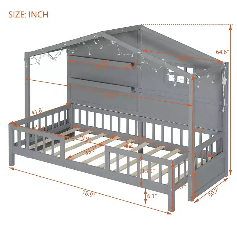 Twin Size House Bed with Storage Shelves, Rails, Window & Sparkling Light Strip, Wood Montessori Kids Bed