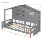 Twin Size House Bed with Storage Shelves, Rails, Window & Sparkling Light Strip, Wood Montessori Kids Bed