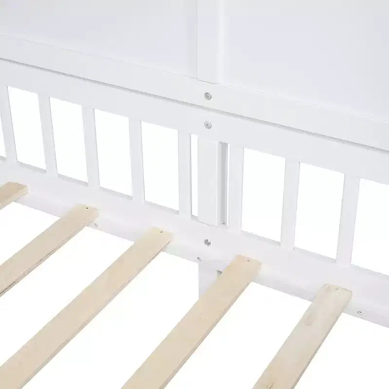 Twin Size House Bed with Storage Shelves, Rails, Window & Sparkling Light Strip, Wood Montessori Kids Bed
