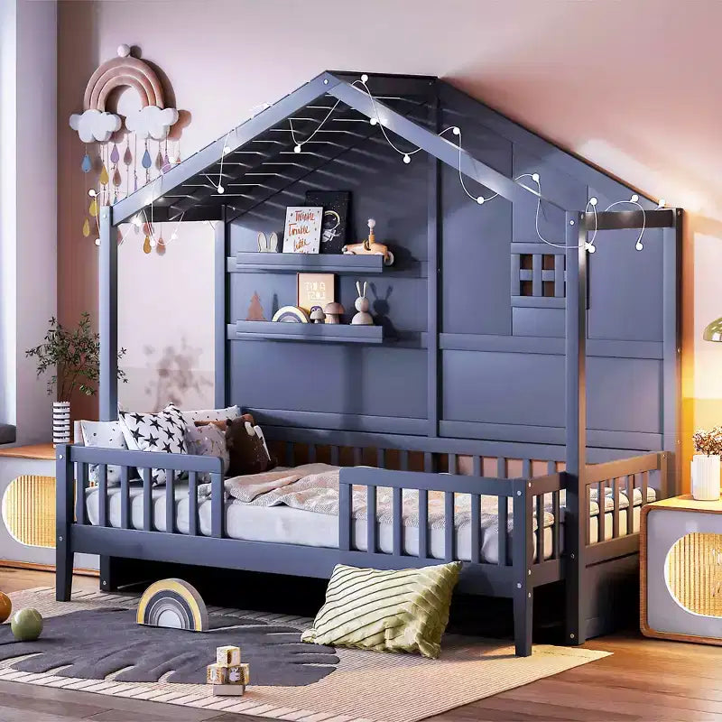 Twin Size House Bed with Storage Shelves, Rails, Window & Sparkling Light Strip, Wood Montessori Kids Bed