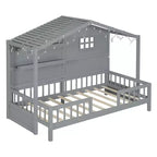 Twin Size House Bed with Storage Shelves, Rails, Window & Sparkling Light Strip, Wood Montessori Kids Bed
