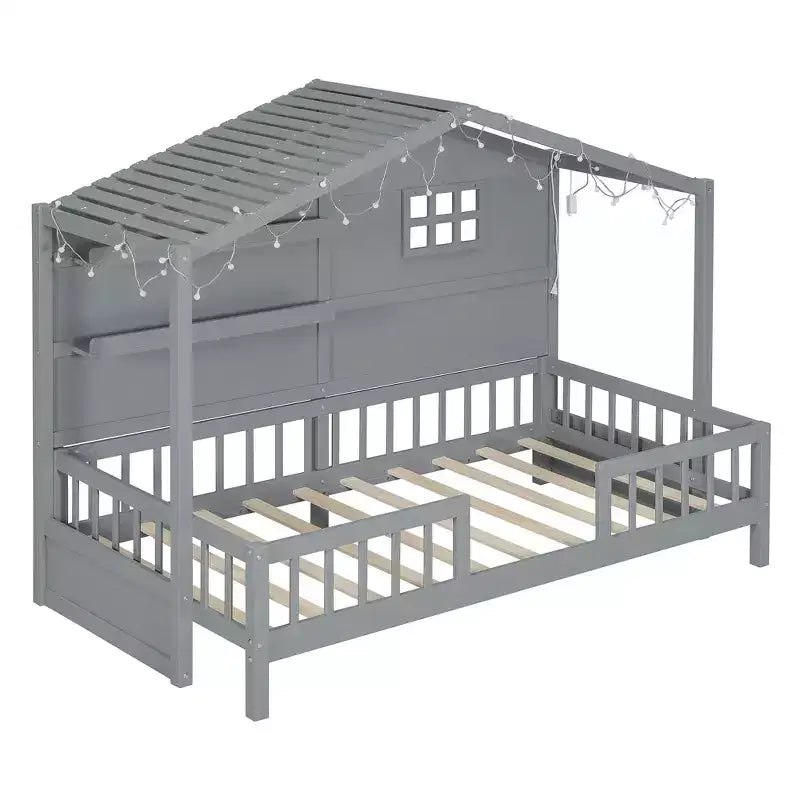 Twin Size House Bed with Storage Shelves, Rails, Window & Sparkling Light Strip, Wood Montessori Kids Bed