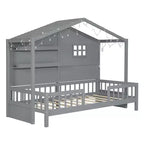 Twin Size House Bed with Storage Shelves, Rails, Window & Sparkling Light Strip, Wood Montessori Kids Bed