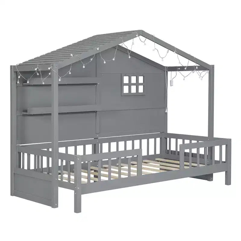 Twin Size House Bed with Storage Shelves, Rails, Window & Sparkling Light Strip, Wood Montessori Kids Bed