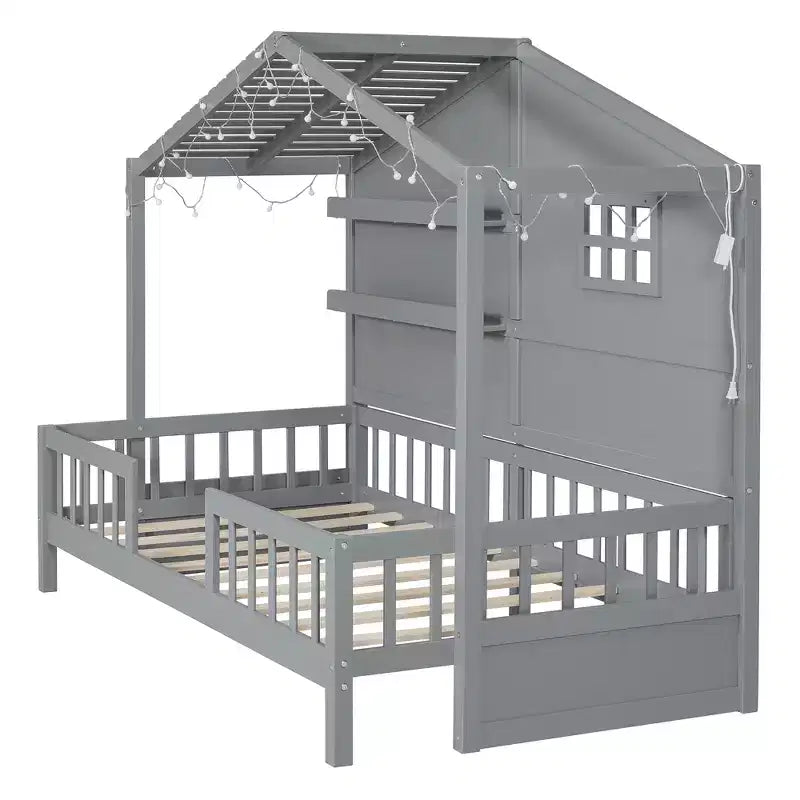 Twin Size House Bed with Storage Shelves, Rails, Window & Sparkling Light Strip, Wood Montessori Kids Bed