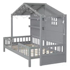 Twin Size House Bed with Storage Shelves, Rails, Window & Sparkling Light Strip, Wood Montessori Kids Bed