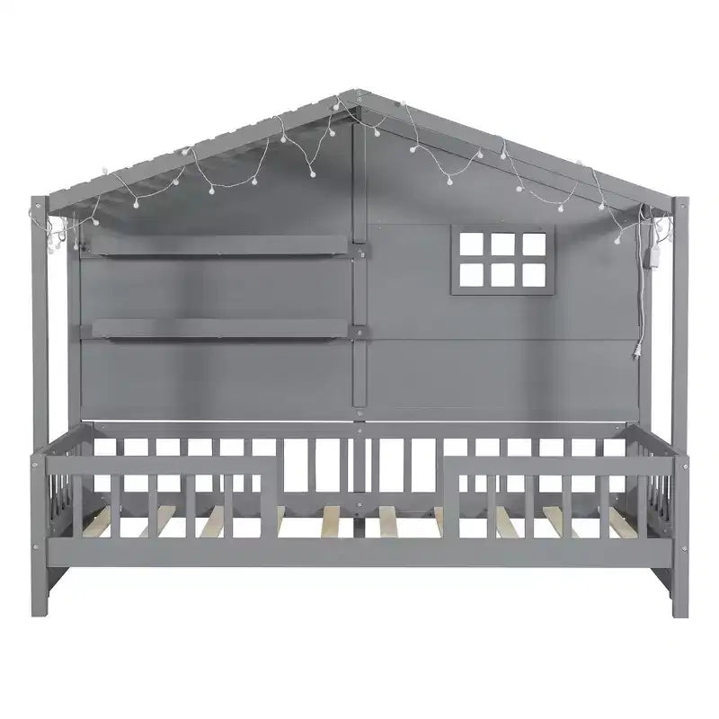 Twin Size House Bed with Storage Shelves, Rails, Window & Sparkling Light Strip, Wood Montessori Kids Bed