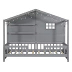 Twin Size House Bed with Storage Shelves, Rails, Window & Sparkling Light Strip, Wood Montessori Kids Bed