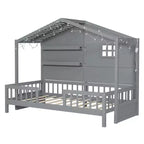 Twin Size House Bed with Storage Shelves, Rails, Window & Sparkling Light Strip, Wood Montessori Kids Bed