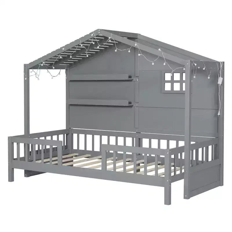 Twin Size House Bed with Storage Shelves, Rails, Window & Sparkling Light Strip, Wood Montessori Kids Bed