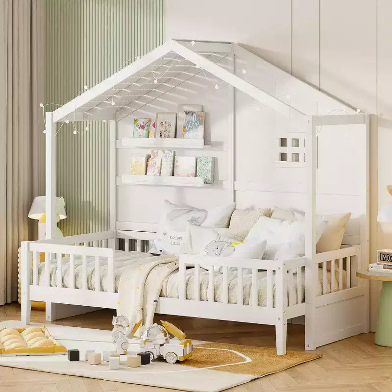 Twin Size House Bed with Storage Shelves, Rails, Window & Sparkling Light Strip, Wood Montessori Kids Bed