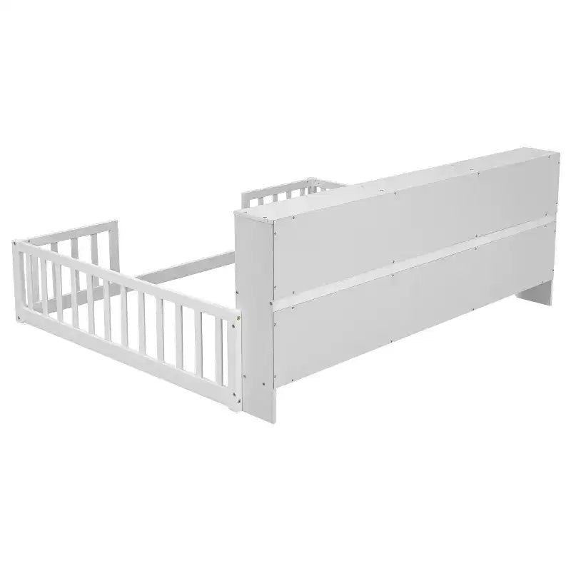 Full Size Kids Floor Bed with Side Bookcase, Shelves & Safety Guardrails, Solid Pine, White