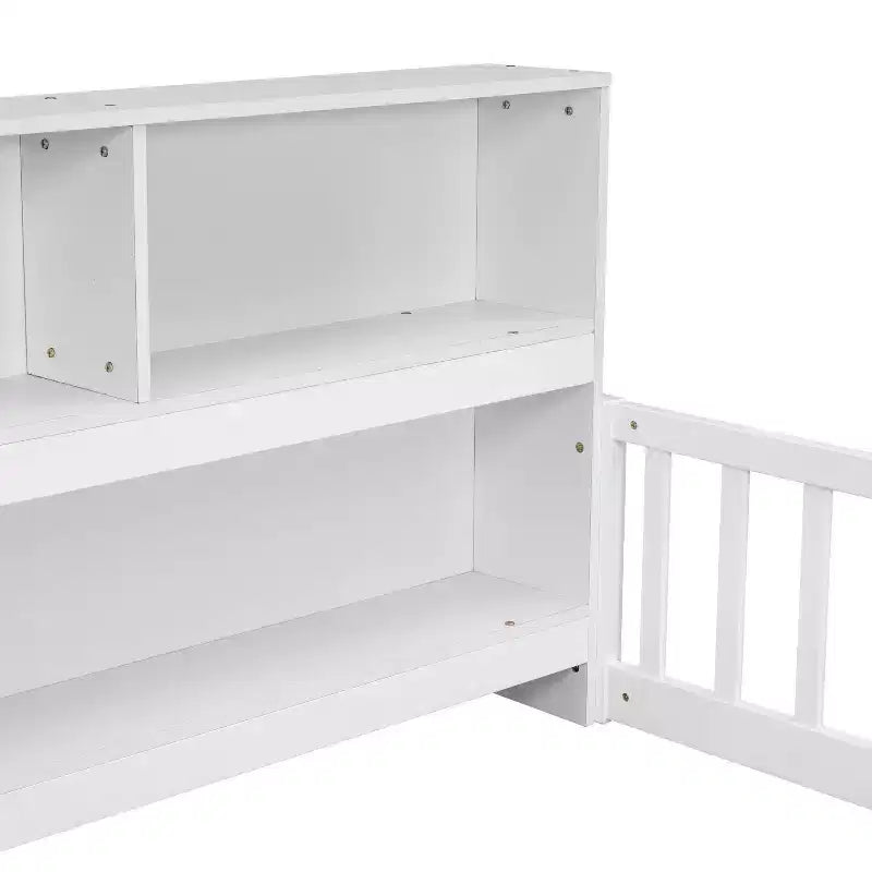 Full Size Kids Floor Bed with Side Bookcase, Shelves & Safety Guardrails, Solid Pine, White