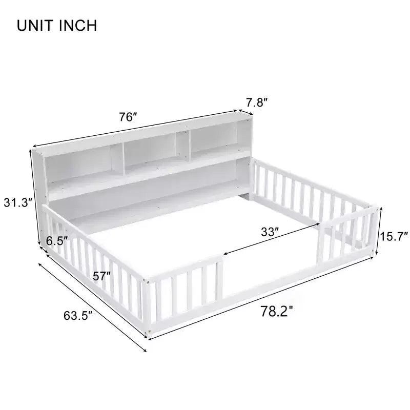 Full Size Kids Floor Bed with Side Bookcase, Shelves & Safety Guardrails, Solid Pine, White