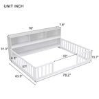 Full Size Kids Floor Bed with Side Bookcase, Shelves & Safety Guardrails, Solid Pine, White