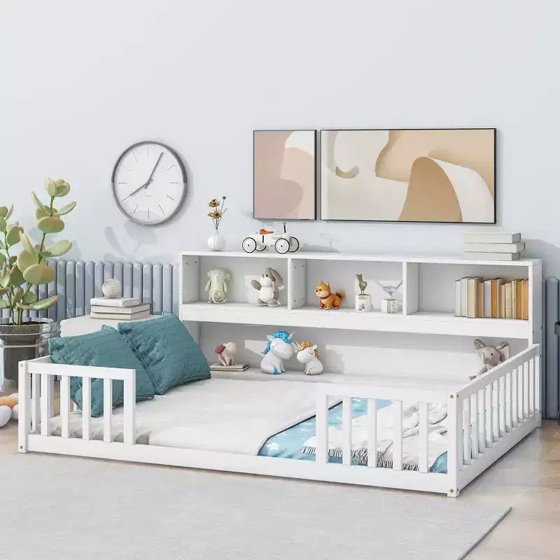 Full Size Kids Floor Bed with Side Bookcase, Shelves & Safety Guardrails, Solid Pine, White