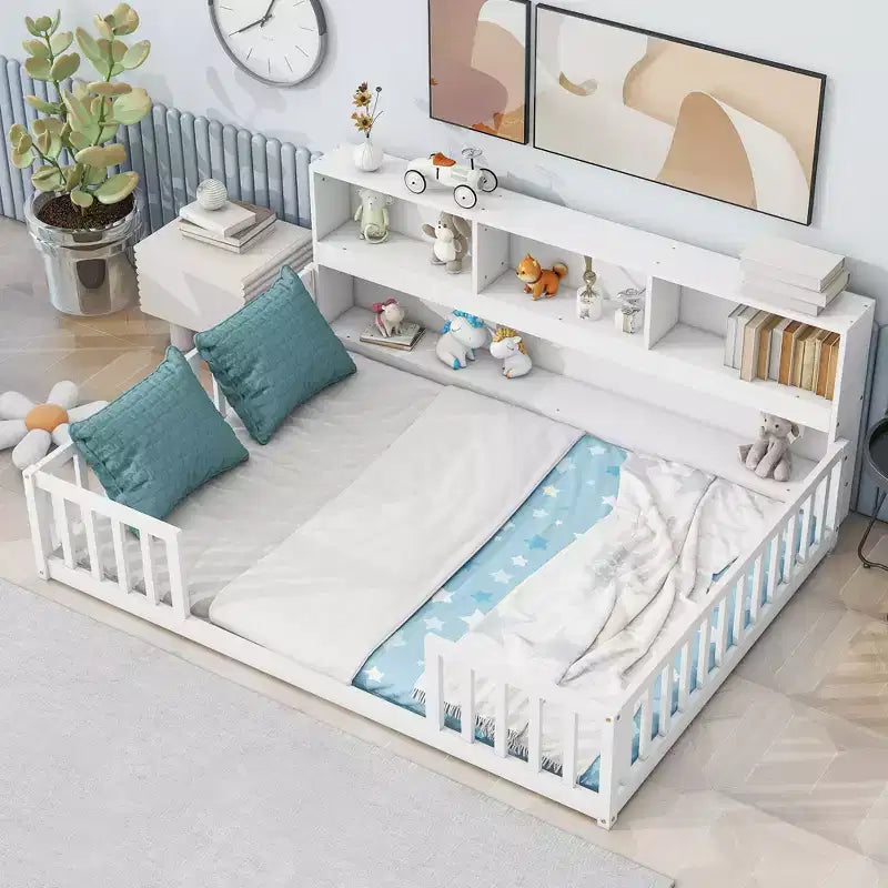 Full Size Kids Floor Bed with Side Bookcase, Shelves & Safety Guardrails, Solid Pine, White