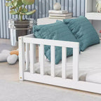Full Size Kids Floor Bed with Side Bookcase, Shelves & Safety Guardrails, Solid Pine, White