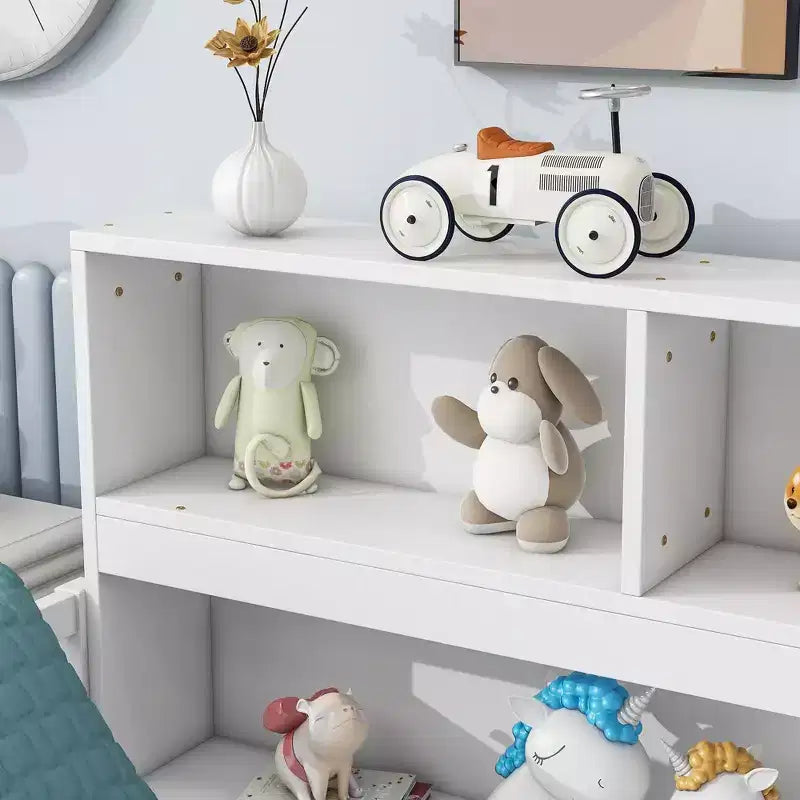 Full Size Kids Floor Bed with Side Bookcase, Shelves & Safety Guardrails, Solid Pine, White