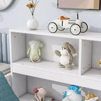 Full Size Kids Floor Bed with Side Bookcase, Shelves & Safety Guardrails, Solid Pine, White