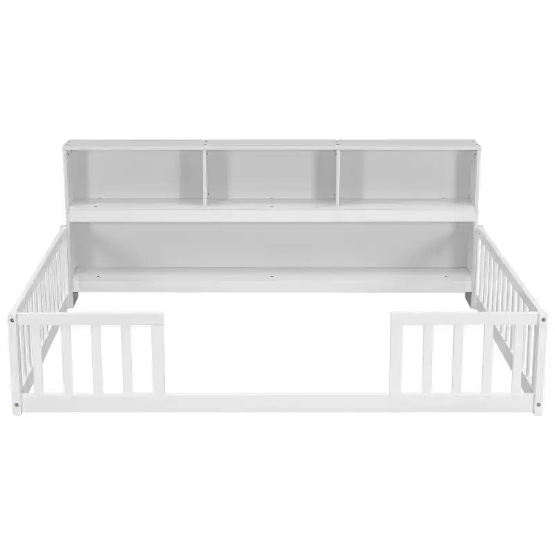 Full Size Kids Floor Bed with Side Bookcase, Shelves & Safety Guardrails, Solid Pine, White