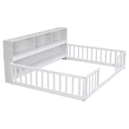 Full Size Kids Floor Bed with Side Bookcase, Shelves & Safety Guardrails, Solid Pine, White
