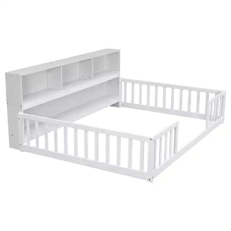Full Size Kids Floor Bed with Side Bookcase, Shelves & Safety Guardrails, Solid Pine, White