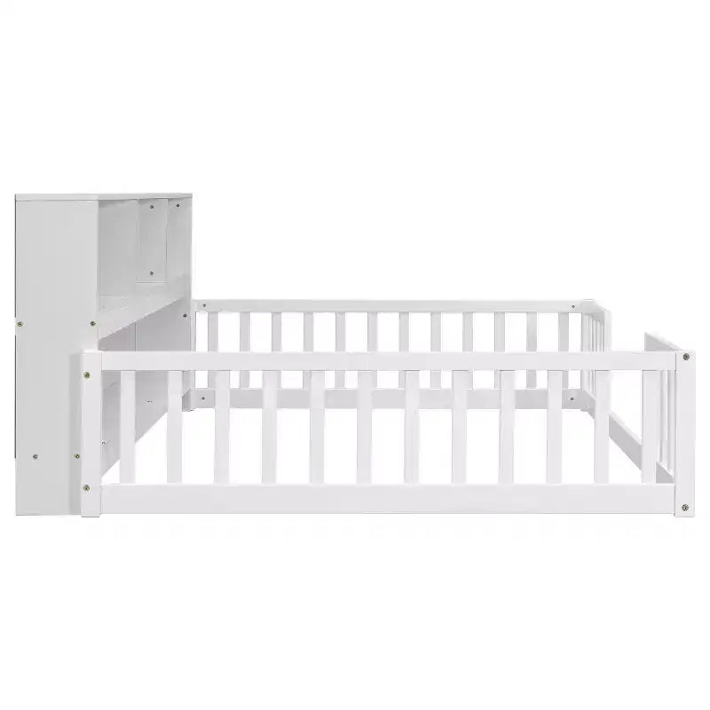 Full Size Kids Floor Bed with Side Bookcase, Shelves & Safety Guardrails, Solid Pine, White