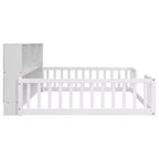 Full Size Kids Floor Bed with Side Bookcase, Shelves & Safety Guardrails, Solid Pine, White